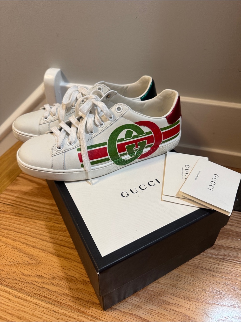 Women’s Gucci White Leather Sneakers with Green & Red Stripe Logo